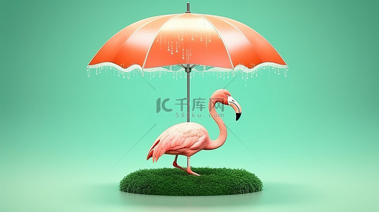 粉色火烈鸟背景图片_夏季旅行场景 3D 渲染火烈鸟漂浮与柔和的绿色背景上的雨伞