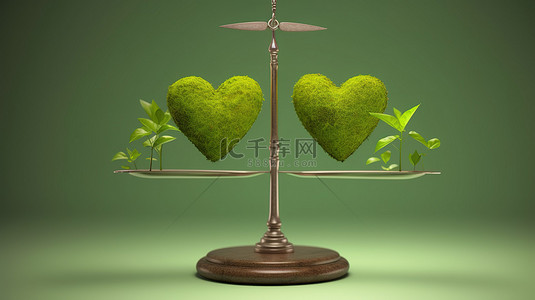 生态背景图片_平衡爱与生态，心脏和幼苗在规模上的 3D 渲染