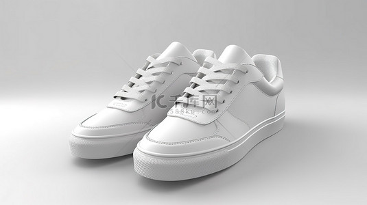 新设计的纯白色运动鞋展示在 3D 数字创建的空白背景上