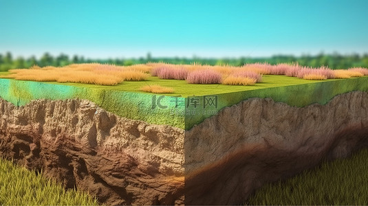 生态农业背景图片_立方体草原的令人惊叹的 3D 插图，具有土壤地质横截面和蓝天的地面生态