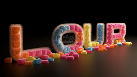 橙色字母背景图片_在 3D 渲染中由一排字母形状的棒棒糖制成的单词“糖”