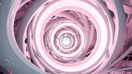 螺旋形线条背景图片_3D 渲染中的圆形粉红色和白色分形，具有门户音量控制和螺旋