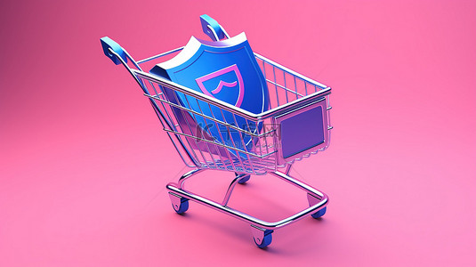 商业购物背景图片_屏蔽购物是消费者保护的双色调概念，其中包括粉红色购物车和粉红色金属屏蔽，以 3D 呈现的蓝色背景