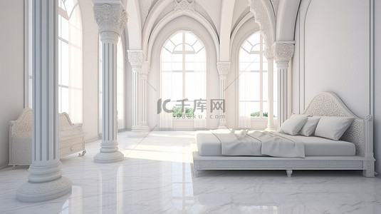 印度风格的豪华白色卧室，配有装饰拱门多立克柱和 3D 渲染的白色大理石地板