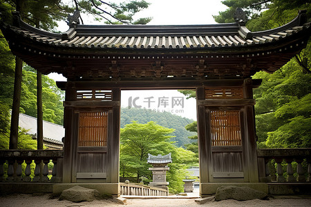 日本寺庙背景图片_树木旁边的日本大门