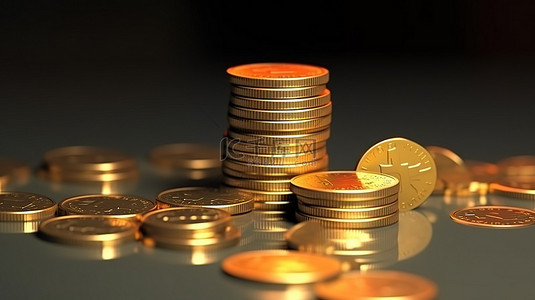 3D 渲染插图描绘财务增长和成功与硬币堆栈和箭头