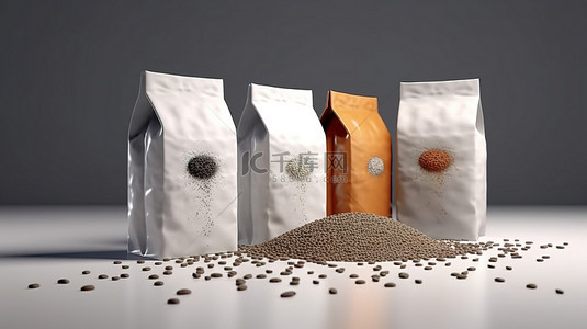 胡椒背景图片_多功能纸袋包装，用于咖啡盐糖胡椒香料或面粉，满载和折叠，非常适合您在白色背景上的定制设计 3D 渲染