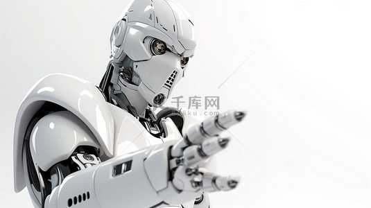 白色机器人手指指向白色背景上的 3d 渲染