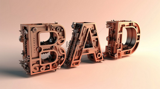 机械字母形成品牌词令人惊叹的 3D 渲染