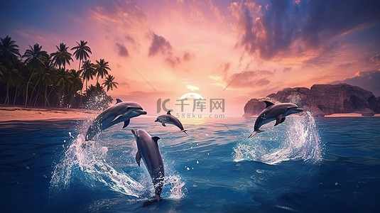 狂热背景图片_月光下的海豚狂热 3D 渲染在满月前跳跃的吊舱