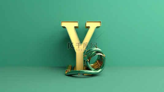福尔图纳的小写金色字母“y”呈现在以 3D 渲染的潮水绿色背景时尚字体符号上