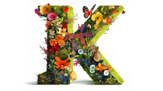文字排版背景图片_白色孤立字母 x 的花卉和草丛 3D 插图