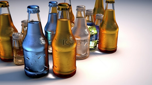放置在冰冷表面上的啤酒瓶和啤酒杯的插图和 3D 渲染