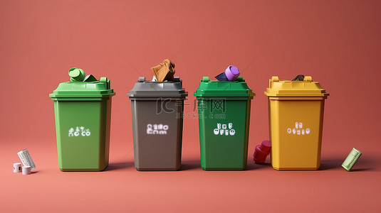 垃圾箱背景图片_绿色背景下的各种废物，说明 3d 中垃圾箱的回收和正确处置