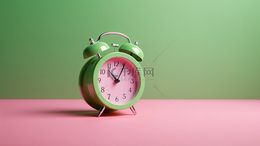 绿色背景的 3D 插图，带有粉色心形装饰的闹钟