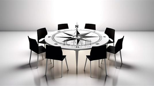 圆桌上的单椅，顶部白色背景 3d 渲染上有指南针