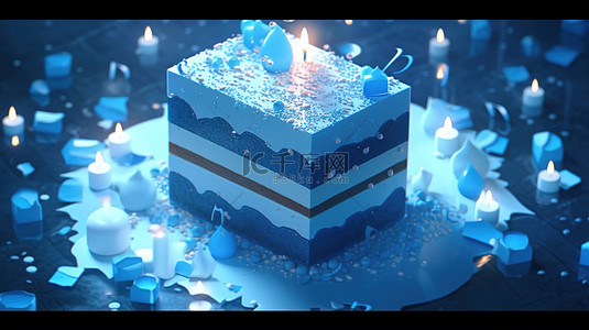 巨大的蓝色生日蛋糕，顶部 3D 渲染上有一个大胆的数字一