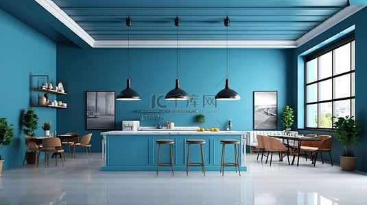 现代厨房室内设计与蓝色墙壁背景 3d 渲染