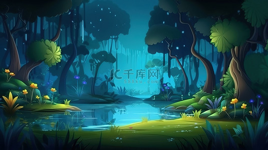 森林和沼泽卡通动画背景充满活力的儿童主题背景