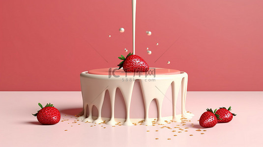 讲台的 3D 渲染准备好产品展示，上面有奶油草莓掉落