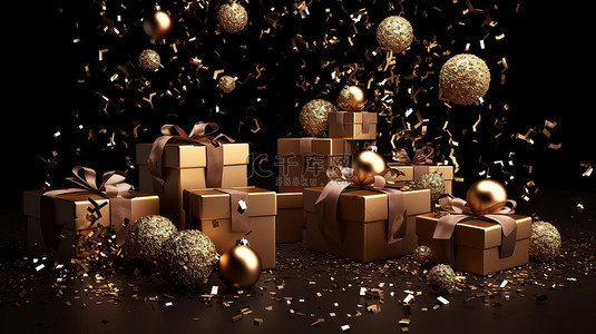 逼真的 3D 渲染棕色礼品盒雪花小玩意球金色五彩纸屑闪闪发光，非常适合新年庆祝活动