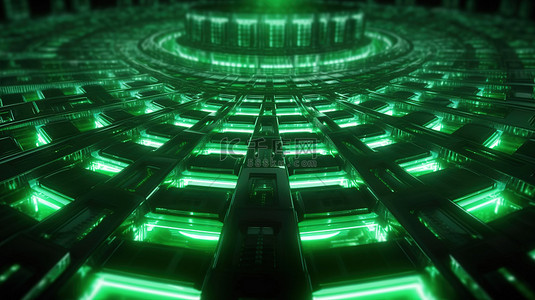 基于网格的 3D 渲染，具有工业或外星感觉和充满活力的绿色照明
