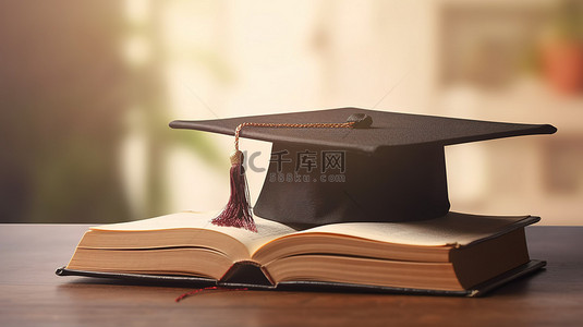 一本打开的书的 3D 渲染图像，带有黑色学位帽，象征着高等教育和学习