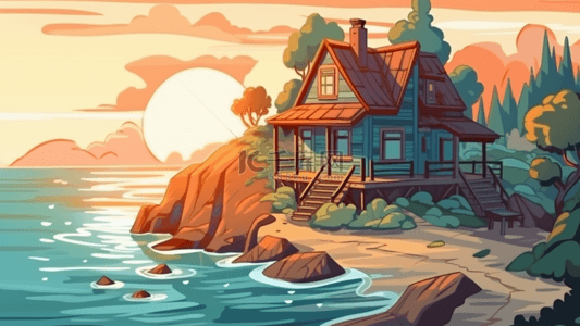 房子海边落日插画背景