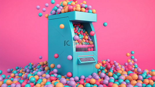 蓝色背景上充满活力的金钱和彩色球展示，在 3D 渲染中设有粉红色 atm