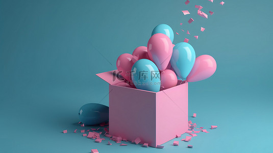 孕婴儿背景图片_性别揭示概念粉红色和蓝色气球从礼物中漂浮在 3D 渲染中
