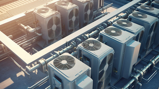 金属机械背景图片_3D 插图空调通风机和建筑物暖通空调系统顶部的管道