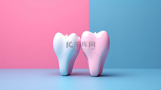 儿童医疗背景图片_3D 渲染牙齿在柔和的粉色和蓝色背景下的插图