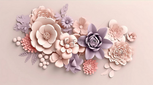 3D 渲染框架的插图，装饰着柔和色彩的精致纸花