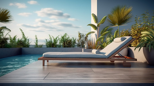 令人惊叹的屋顶露台的 3D 渲染，设有室外休息区和迷人的游泳池