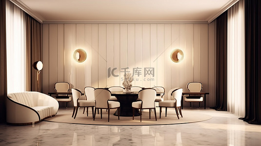 装饰艺术风格的休息室和用餐区，配有令人惊叹的灯光 3D 渲染