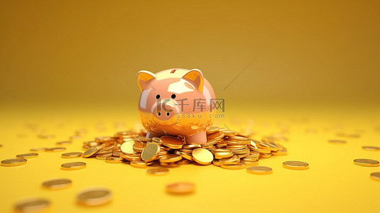 存钱罐的 3D 渲染充满金币，是储蓄和投资的象征