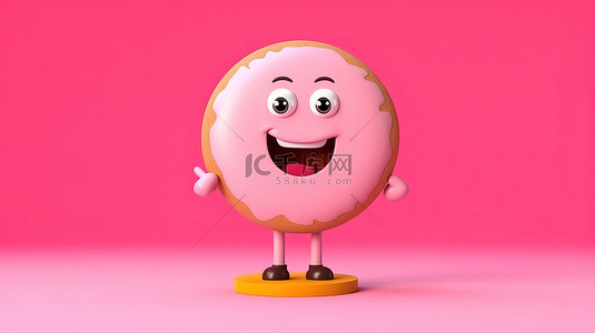 蛋糕店广告背景图片_3D 渲染的吉祥物粉色釉面甜甜圈，黄色背景上带有白色广告促销台