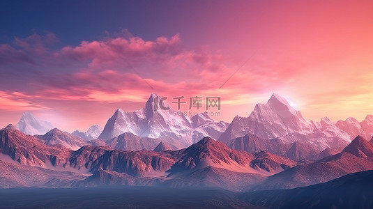 火红夕阳下雄伟山峰的 3D 渲染