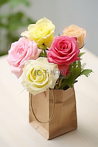 在一起背景图片_三朵粉红玫瑰绑在一起装在一个棕色纸袋里