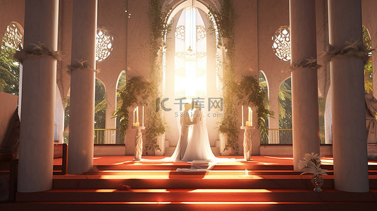 一对已婚夫妇在祭坛上交换誓言的 3d 渲染