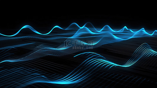 光滑的 3D 黑色条带，具有几何波浪和发光的蓝色线条相交的抽象图案