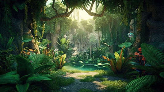 丛林背景图片_未驯服的雨林 3d 插图