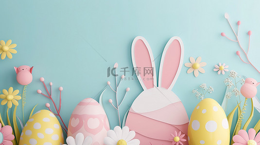 3d复活节彩蛋和兔子耳朵背景