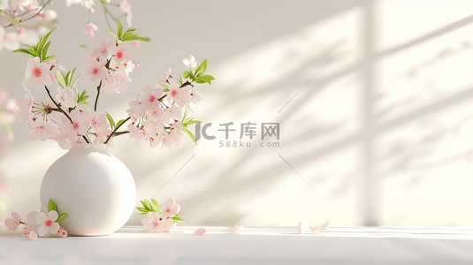 阳光桃花背景图片_白色室内空间感花瓶里插花的背景1