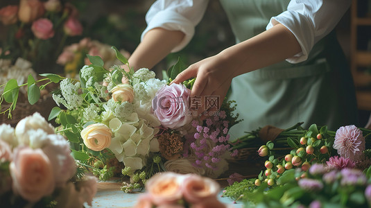 花唯美背景素材背景图片_花艺师整理花朵花束背景素材