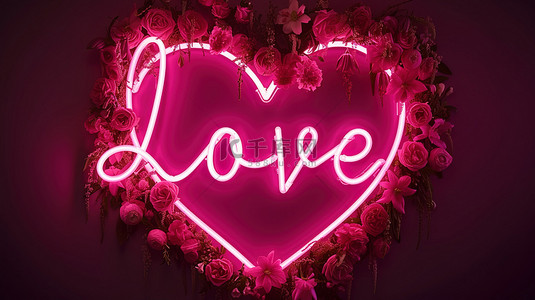 “LOVE”在心形霓虹灯与浪漫背景图