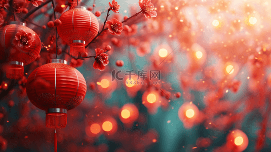 中国红色喜庆灯笼挂树枝上的背景15