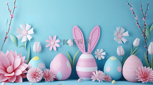 复活节兔子和彩蛋背景图片_3d复活节彩蛋和兔子耳朵背景