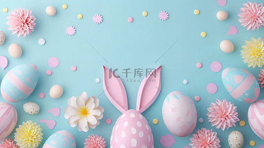 复活节兔子和彩蛋背景图片_3d复活节彩蛋和兔子耳朵背景素材