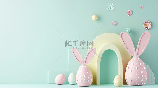 复活节兔子和彩蛋背景图片_3d复活节彩蛋和兔子耳朵背景图